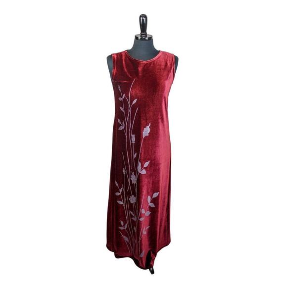 Vintage Norton Studio Maxi Burgundy Velvet Shift Dress Glitter Floral - Picture 1 of 4